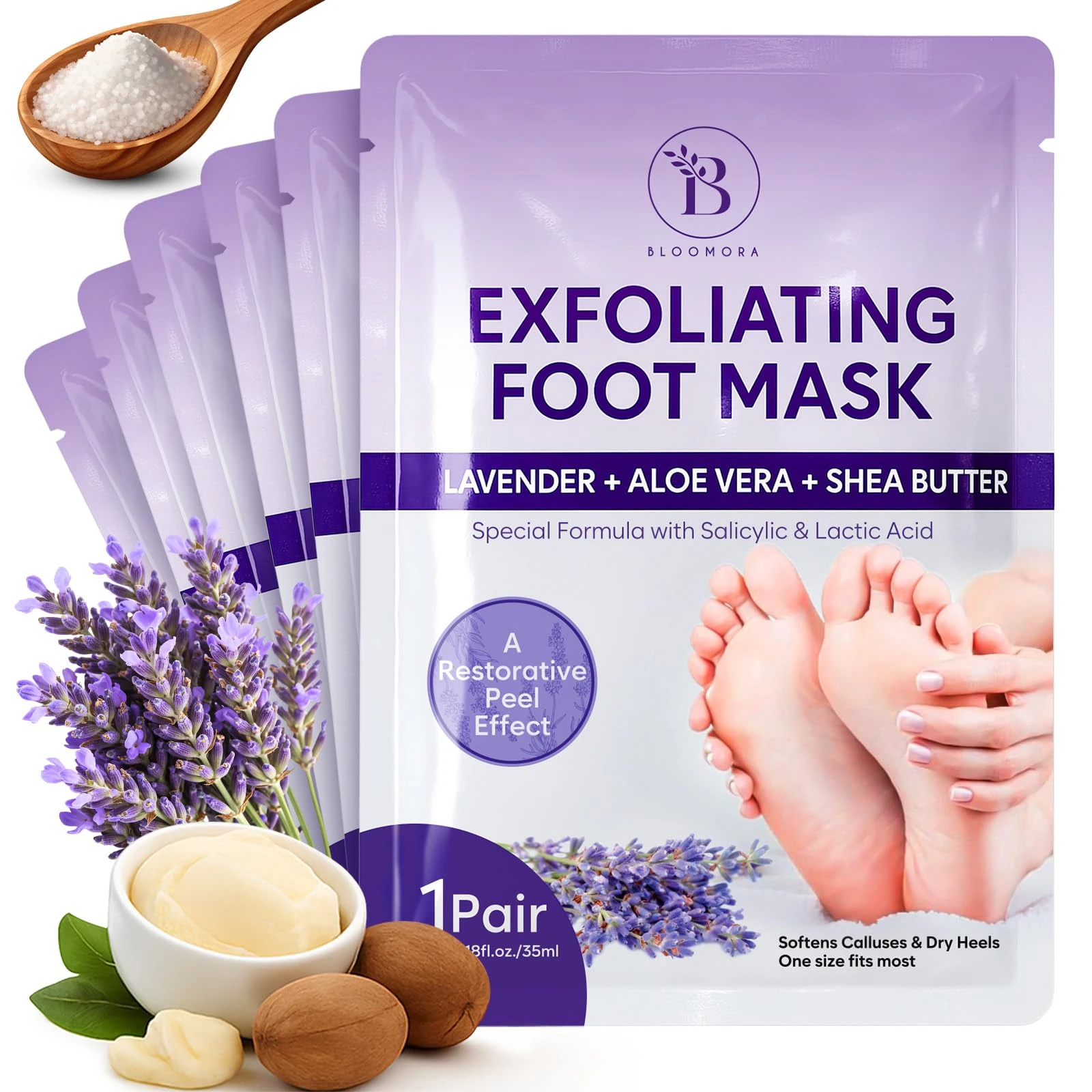 Foot Peel Mask for Hard Skin (6 pairs) Foot Mask for Cracked Heel Solution, Dry Feet Care with Lavender & Shea Butter, Dead Skin Remover, Exfoliating Socks for Women & Men, One Size Fits Most