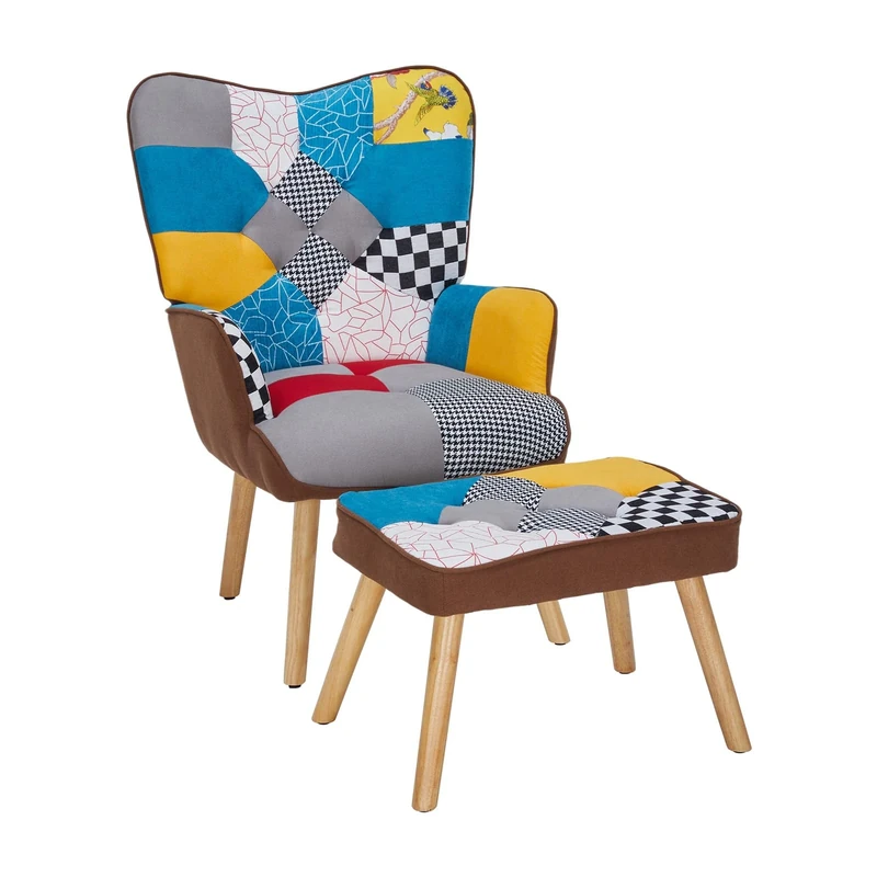 Warmiehomy Patchwork Armchair with Footstool Velvet Accent Chair Wing Back Occasional Chair High Back Armchairs with Footstool and Pillow for Living Room Bedroom Lounge Office Reception (Multicolour)