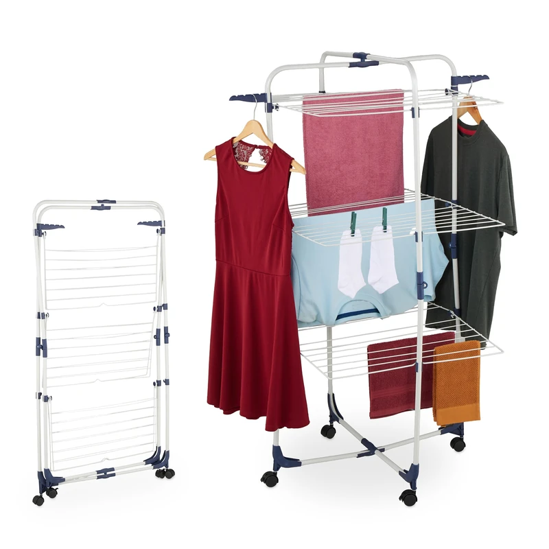 Relaxdays Clothes Airer, Folding Laundry Rack with Wheels, 3 Tiers, 33 m Drying Length, HWD: 135x70x70 cm, White/Blue