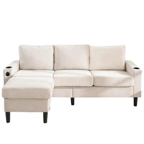 FurnitureR Elegant Beige Sofa with Chaise Lounge, Modern Design, Fabric Upholstery, Ideal for Garden & Patio, Comfortable Seating with Cup Holders, Space-Saving