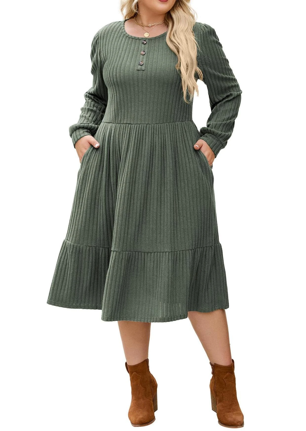 Hanna Nikole 2025 Army Green Knit Dresses Women's Sweater Dress Plus Size High Elastic Long Sleeve Knit Dress