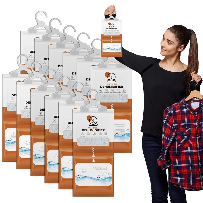 Roe Tenpo 12 Pack Wardrobe Dehumidifier Hanging Bags, 210g Each Bag Moisture Absorber, Condensation Absorbers Dehumidifiers for Home, Wardrobe, Kitchen, Bedroom, Caravan, Office etc