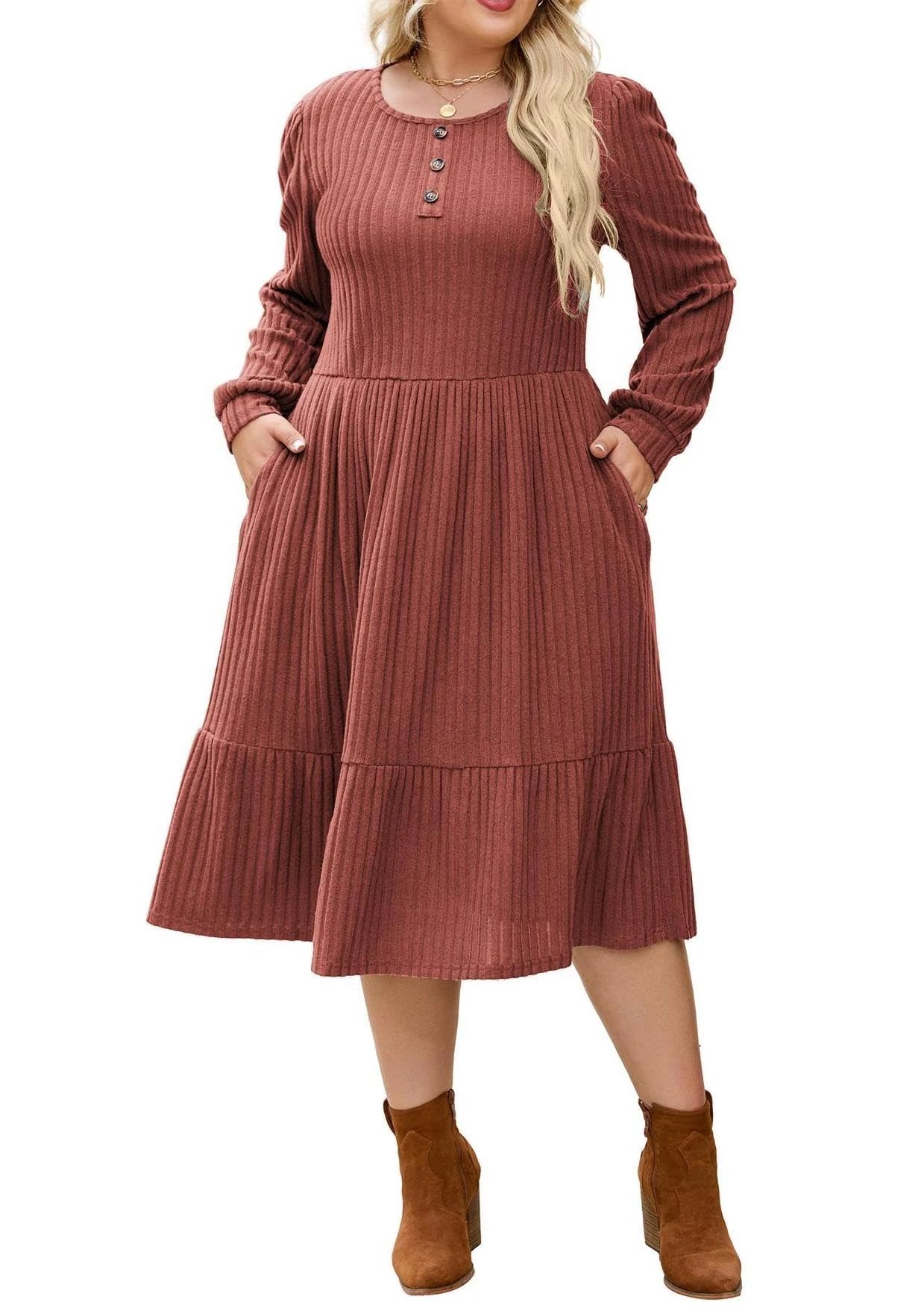 Hanna Nikole Casual Solid Color Plus Size Knit Dress Women's Winter Long Sleeve Dress Side Pockets Keep Warm Elegant Winter Dresses Brick Red