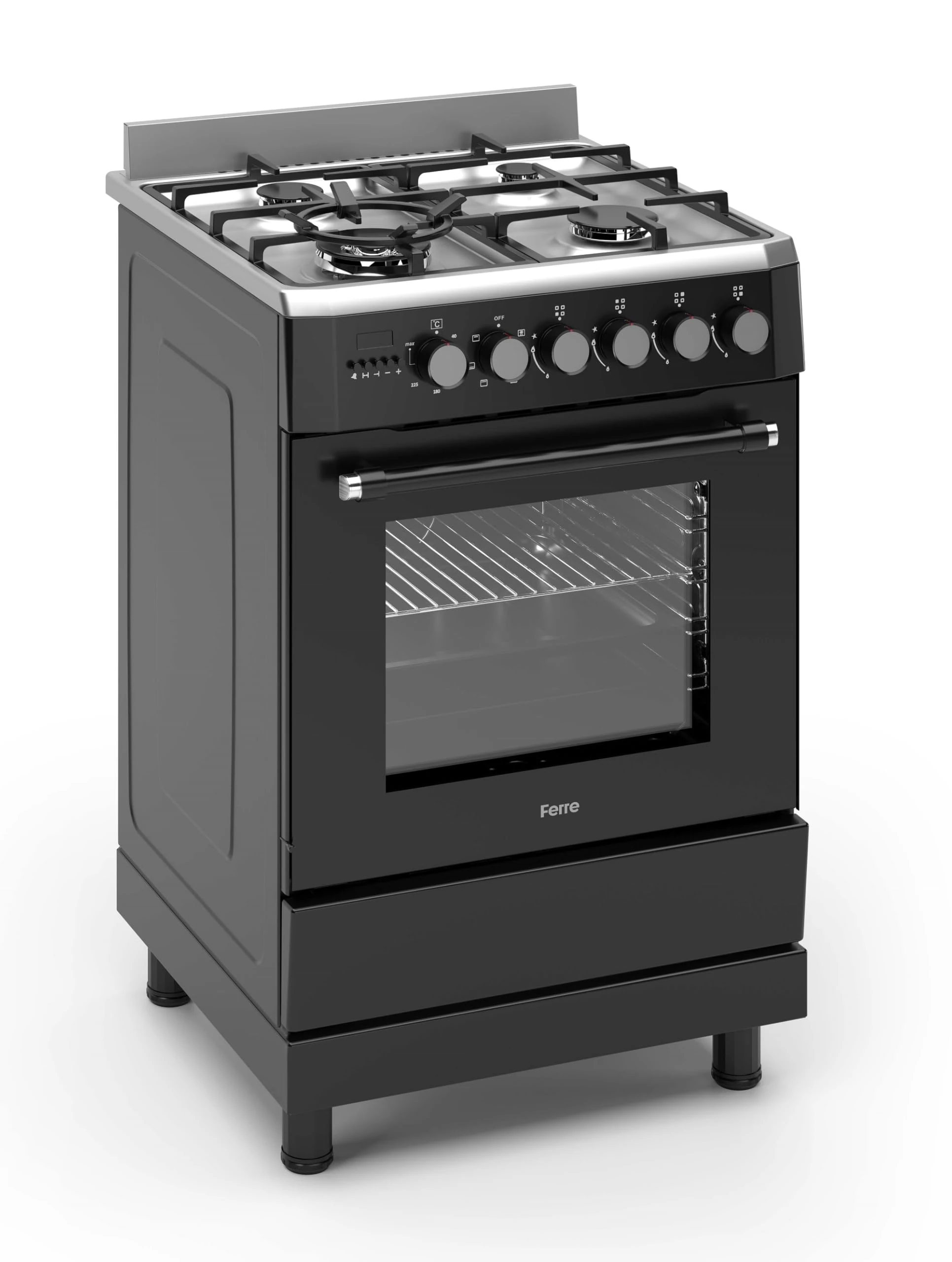 Ferre F6IP40E6-IBL-W 60cm Freestanding Dual Fuel Cooker With Wok Burner Digital Timer & Turbo Fan - Black