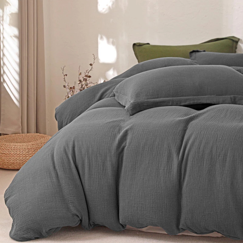 MorroMorn Muslin Duvet Cover King Size, Ultra Soft 100% Cotton Comforter Cover Set, 3 Pieces 2-Layer Gauze Duvet Cover with 2 Pillowcases, Breathable Lightweight Linen Like, 90"x104", Dark Grey