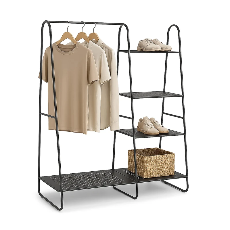 Relaxdays Metal Clothes Rack, 5 Shelves, Hanging Rail, for Hallway & Bedroom, HWD: 150x100x39 cm, Open Wardrobe, Black