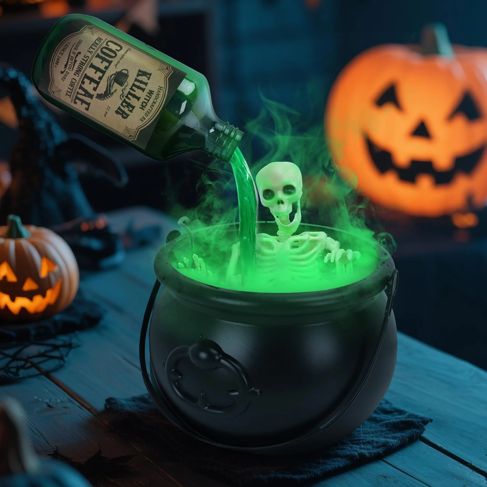 Cauldron Halloween Decorations Indoor - Skeleton DIY Magic Floating Potion Set with Witches Cauldron and LED Mist Maker - Hocus Pocus Party Decor for Spooky Vintage Home Kitchen Table
