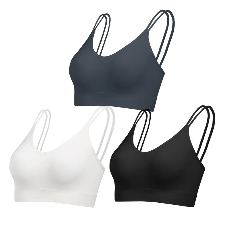 Comfyin Unpadded Bralettes for Women with Support Seamless Sleep Bras V Neck Sports Bras Non Wired Ribbed Underwear,Black+Charcoal+White,S