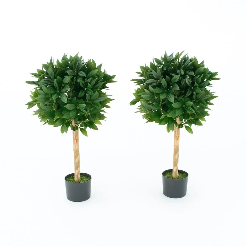 GreenBrokers Artificial Bay (Set of 2), Topiary Faux Trees, Premium Quality Real Wood Trunk and Natural Appearance Leaves and Brown Berries, UV Protected, Indoor and Outdoor Use, 3ft (90cm)