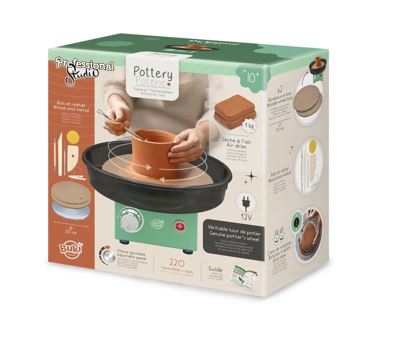 BUKI France – Electric Potter's Tower for Children and Adults – 220 TPM – Metal Cranberry 20 cm – 1 kg of Soil, Tools and Accessories Included – Illustrated Guide – From 10 Years