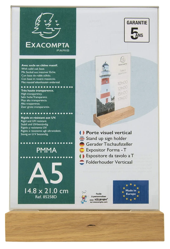 Exacompta - Ref 85258D - Cardboard 10 display holders with wooden base A5 vertical - Dimensions 14.8 x 21 x H 15 cm - For photos, menus, restaurants, hotels, reception - Made of PMMA - Crystal colour