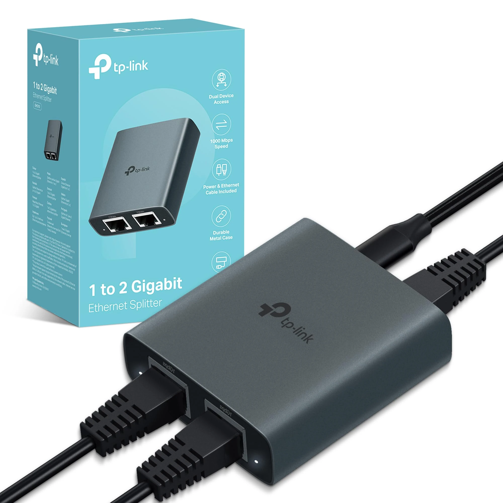 TP-Link EH210 Ethernet Splitter,1 to 2 Gigabit Network Switch,1000Mbps High-Speed Ethernet Switch,Plug and Play,LAN RJ45 Internet Splitter with Ethernet/USB Cable for Router,Laptop/PC,TV,Xbox