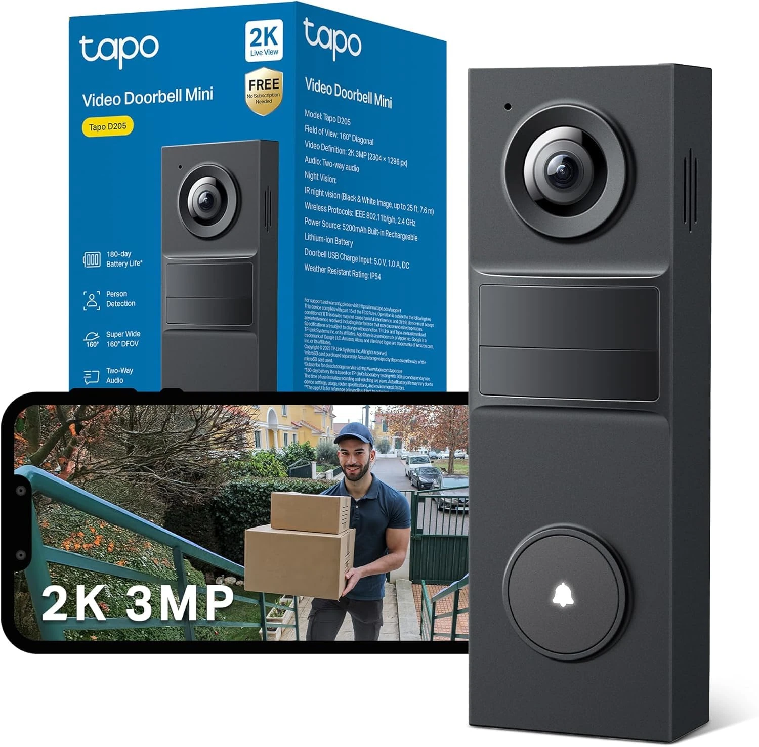 Tapo D205 2K 3MP Battery Doorbell Wireless, No Monthly Fee,160° FOV Ultra-Wide,Video Doorbell Wireless,2 Way Audio, TP-Link AI Detection,180 Days Battery,IP54,APP Control, Alexa/Google Home