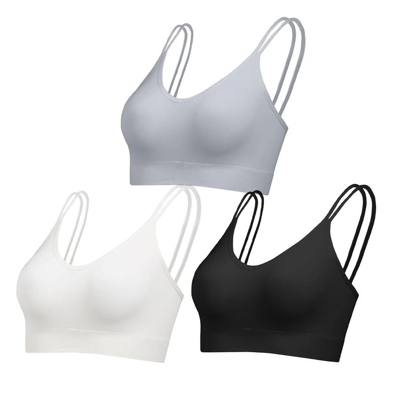 Comfyin Unpadded Bralettes for Women with Support Seamless Sleep Bras V Neck Sports Bras Non Wired Ribbed Underwear,Black+Grey+White,S