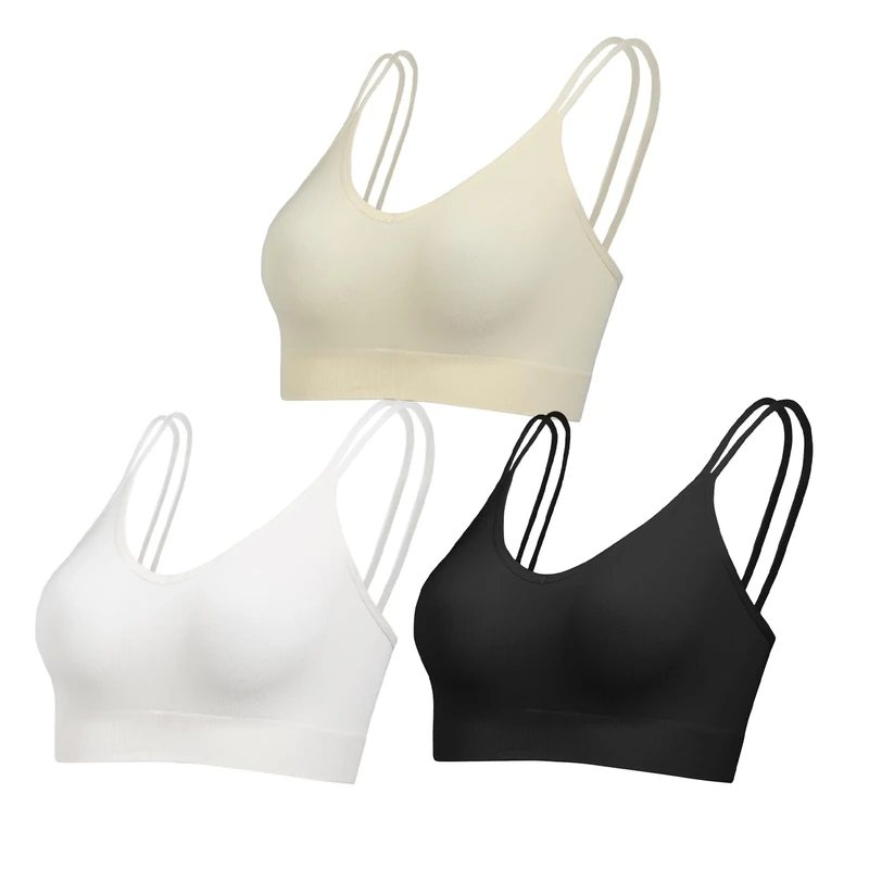 Comfyin Unpadded Bralettes for Women with Support Seamless Sleep Bras V Neck Sports Bras Non Wired Ribbed Underwear,Black+Beige+White,M