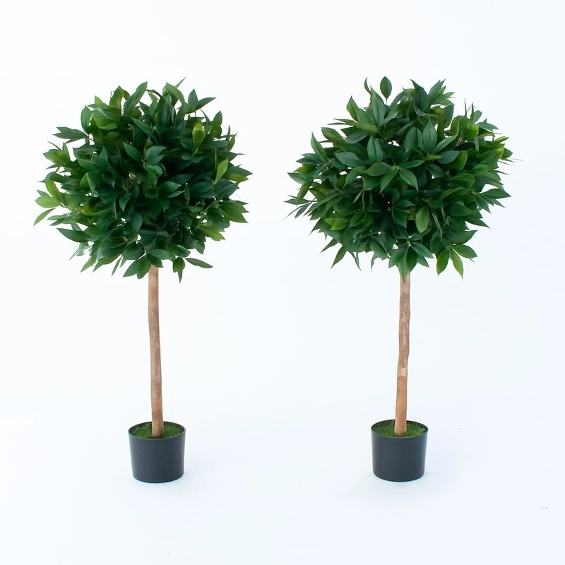 GreenBrokers Artificial Bay (Set of 2), Topiary Faux Trees, Premium Quality Real Wood Trunk and Natural Appearance Leaves and Brown Berries, UV Protected, Indoor and Outdoor Use, 4ft (120cm)