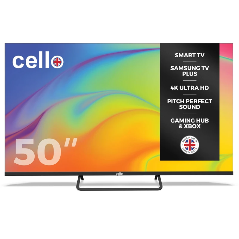 Cello C5025TZ Frameless 50 inch 4K Ultra HD Large Smart Powered by Tizen Operating System Cloud Gaming without Console - Bluetooth, HDMI, USB & Wi-Fi Connectivity Made in UK