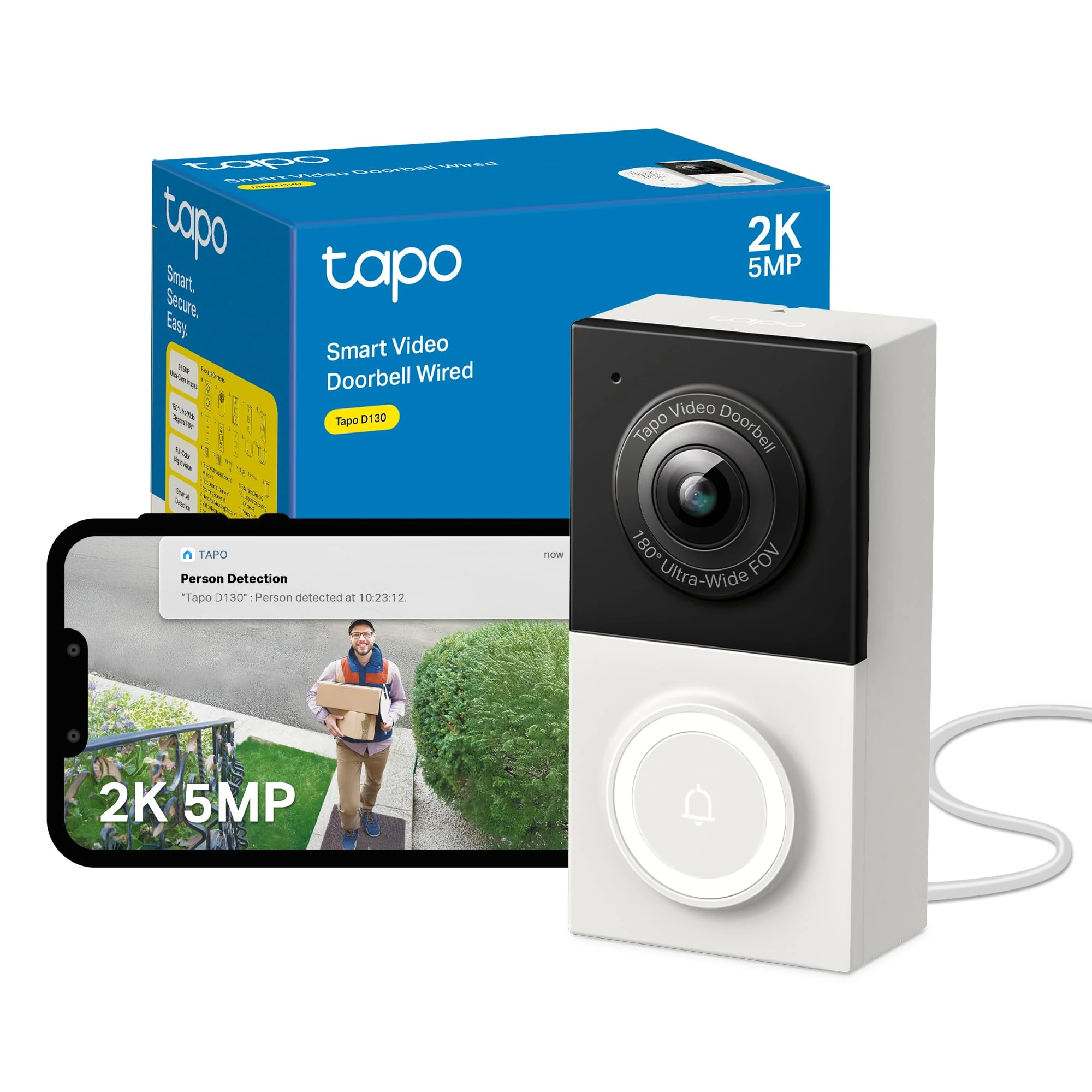 Tapo D130 2K 5MP Doorbell Camera Wired, AI Detection,180° Head-to-Toe View, Video Doorbell, No Monthly Fee, 2 Way Audio, IP65 Colour Night View, Ring Chime Included, Google/Alexa, Easy Installation