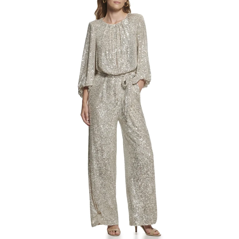 Vince Camuto Women's Jewel Neck Tie Waist Sequin Wide Leg Jumpsuit Special Occasion Dress, Silver, 20