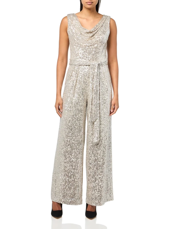 Vince Camuto Womens Cowl Neck Sequin Jumpsuit, Silver, 14
