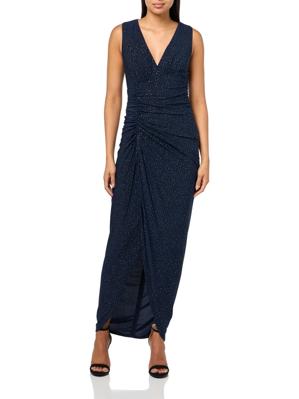 Vince Camuto Women's Sleeveless V-Neck Studded Knit Shirred Dress, Navy, 18