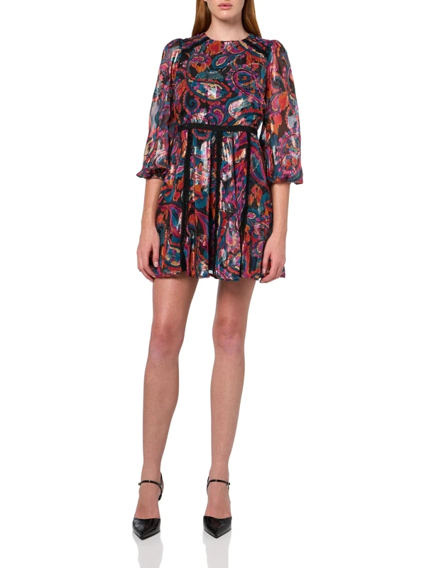 Vince Camuto Women's Novelty Metallic Chiffon Fit & Flare Dress, Red/Multicolor, 16