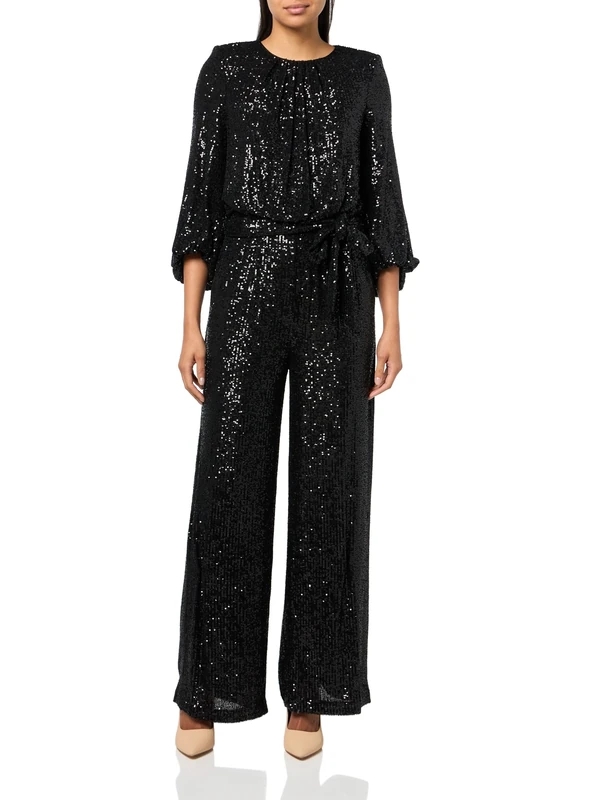 Vince Camuto womens Jewel Neck Tie Waist Sequin Wide Leg Jumpsuit, Black, 14