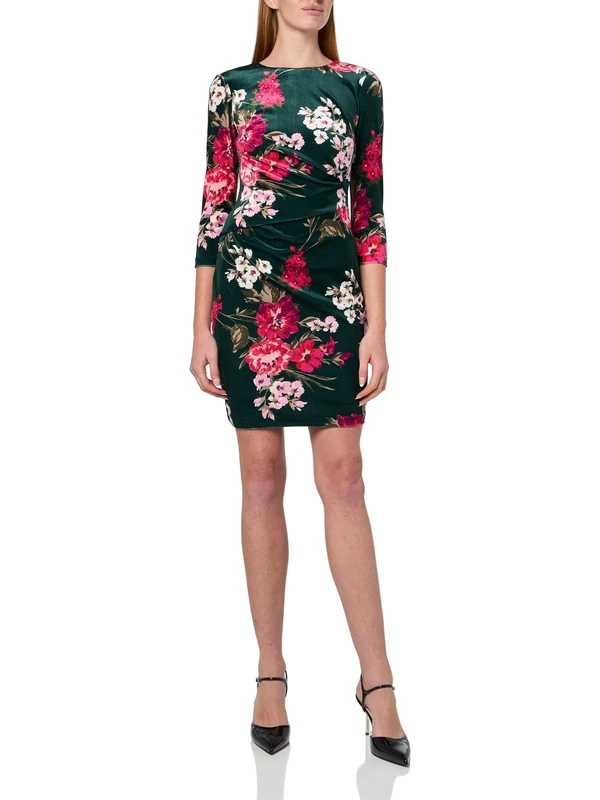 Vince Camuto Women's 3/4 Sleeve Velvet Side Tuck Floral Print Dress, Green Multi, 10