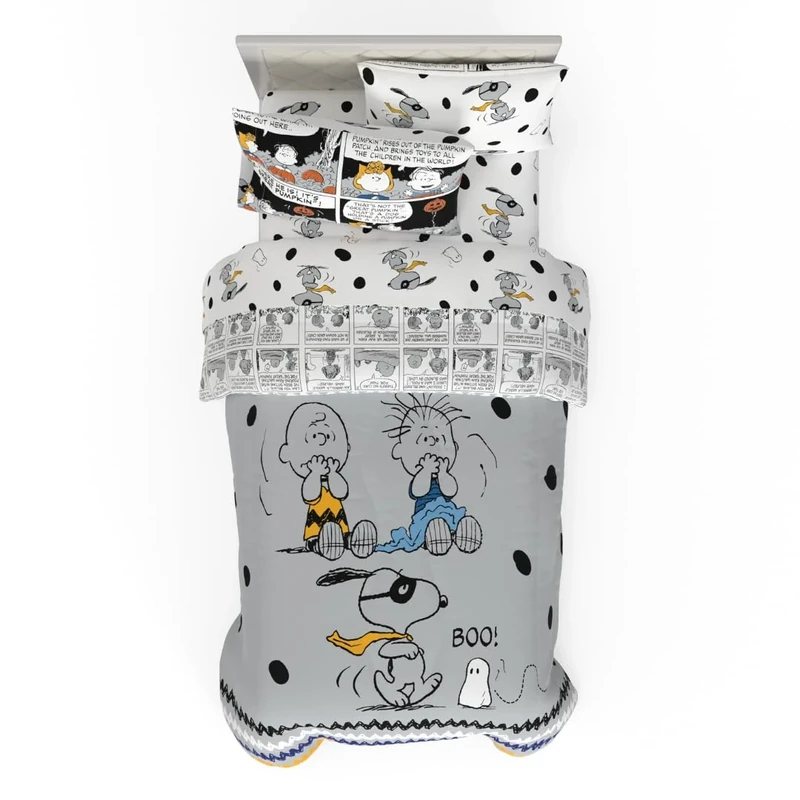 Franco Comforter and Sheet Set, Microfiber, Black-Peanuts Halloween, 4 Piece Twin Size