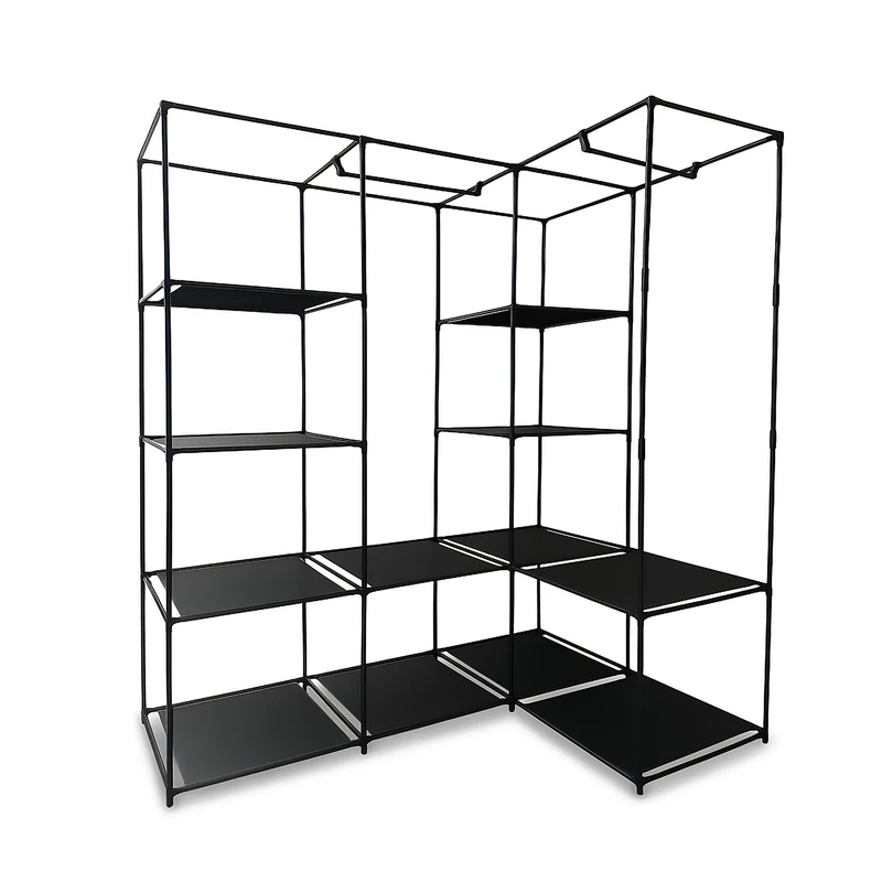 Relaxdays corner wardrobe, HWD: 170 x 130 x 8 cm, 2 hanging rails, 12 shelves, steel, fabric, open design, black