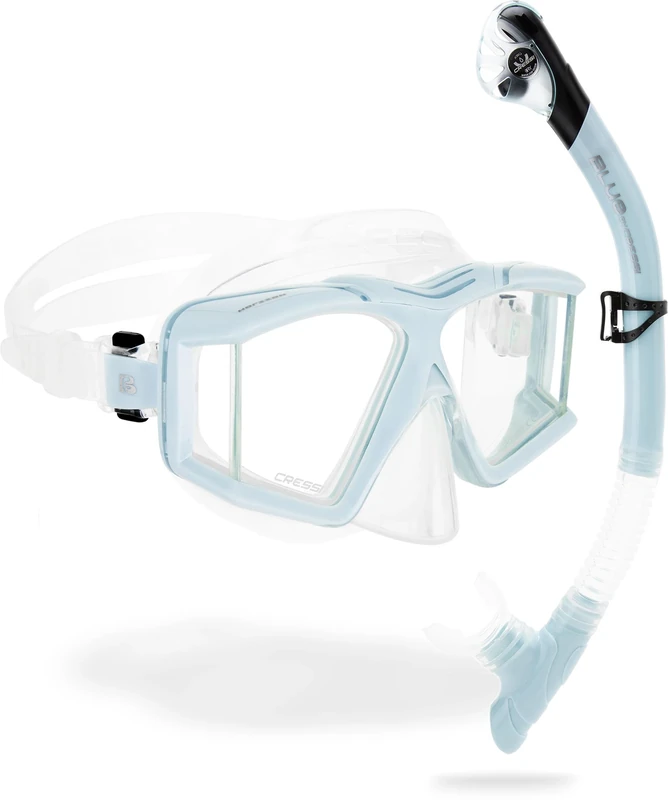 Cressi Horizion+Scilla Combo Clear/Ice Cyan - Combo Set Horizon Mask 4 Separate Tempered Glasses and Scilla Top Dry Valve System Snorkel for Diving and Snorkelling
