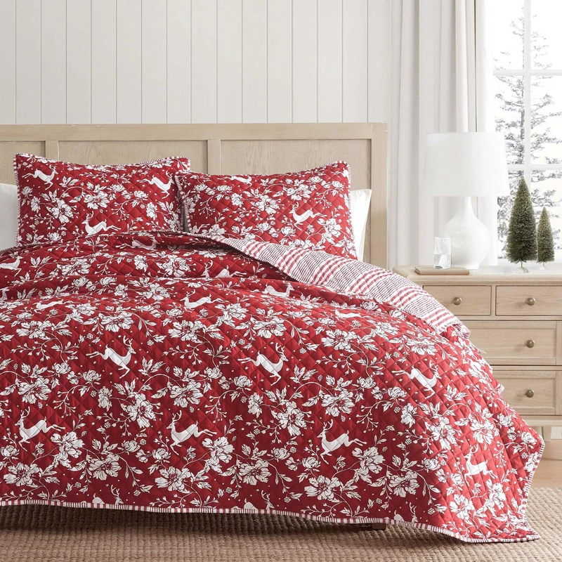 Martha Stewart Classic, Lightweight, Incredibly Soft & Wrinkle Resistant Quilt with Matching Pillowcases, 3 Piece Bed Set, Dancing Deer Red, Full/Queen