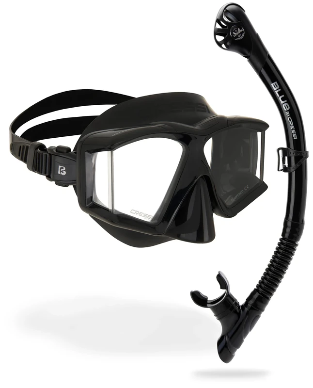 Cressi Horizion+Scilla Combo Black/Black - Combo Set Horizon Mask 4 Separate Tempered Glasses and Scilla Top Dry Valve System Snorkel for Diving and Snorkelling