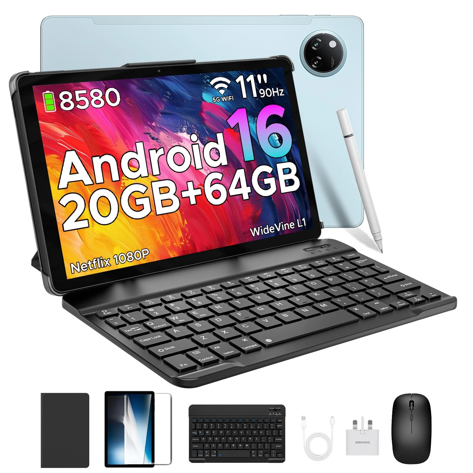 DOOGEE TAB A9+ 2025 Newest Android 16 Tablet with Gemini AI, 11 Inch 8580mAh Tablet With Keyboard, T7200 Octa Core Android Tablets, 20GB+64GB / 2TB Tablets With Pen, 13+5MP, 2 Speakers, Mouse & Case