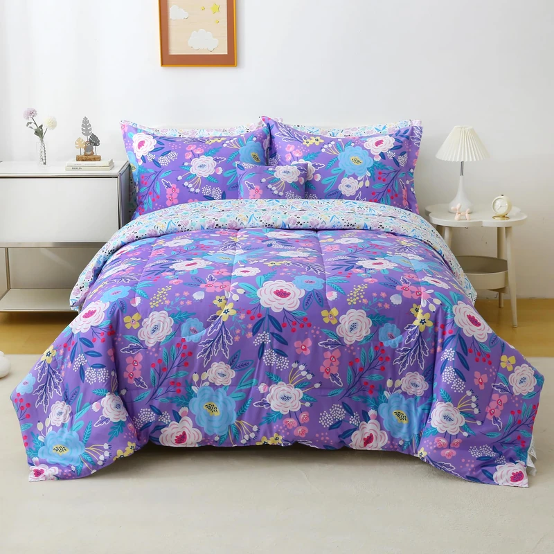 Mooreeke Kids Twin Comforter Sets for Boys Girls 6 Pieces Purple Floral Bedding Set for Teens Microfiber Flowers Kids Bed in A Bag with Comforter, Sheet Set, Shams and Decorative Toy Pillow All Season