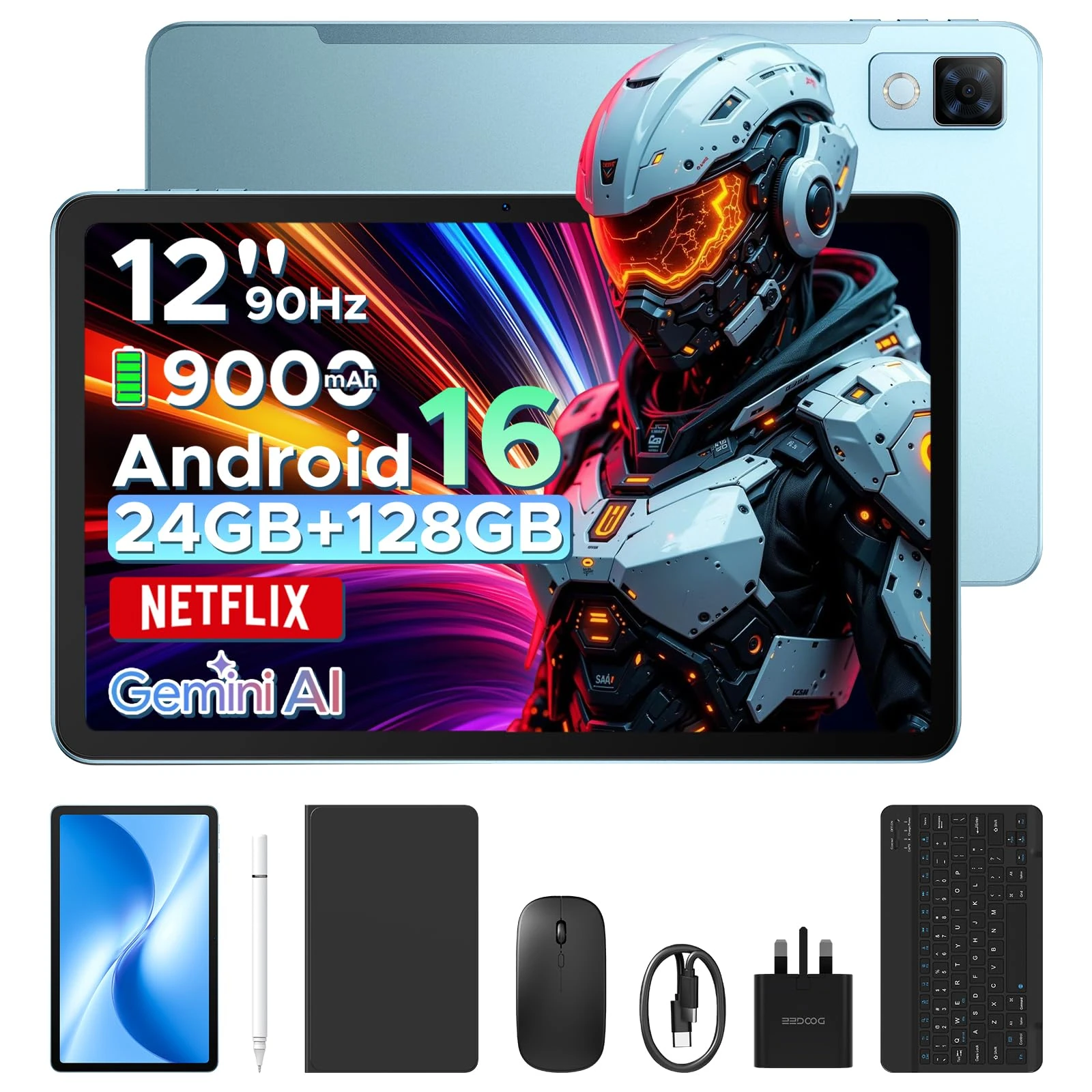 DOOGEE U12 Android 16 tablet, 12 inch FHD+(2000x1200) 90Hz Large Screen, 24GB+128GB/2TB, Gemini AI Octa Core Gaming Tablets, 9000mAh/18W, Widevine L1, 2.4G/5G WiFi, Tablet with Pen,Keyboard,Mouse&Case
