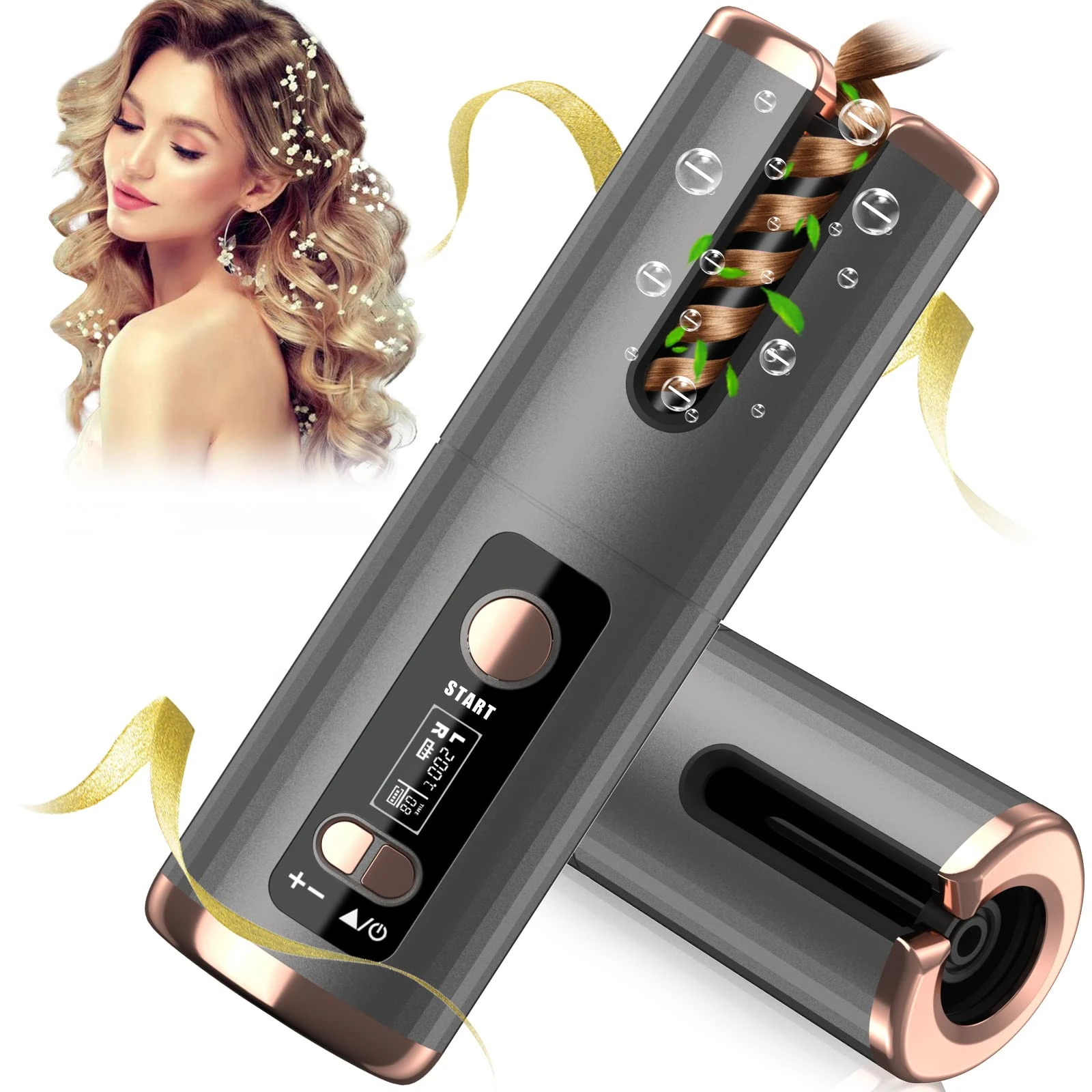 Automatic Hair Iron, Cordless Hair Curler PTC Ceramic Hair Curling Negative Ion Portable 5000mAh Rechargeable USB Anti-Tangle 6 Temperature & Timer 10min Auto Off Curling Wand for Home/Travel Use