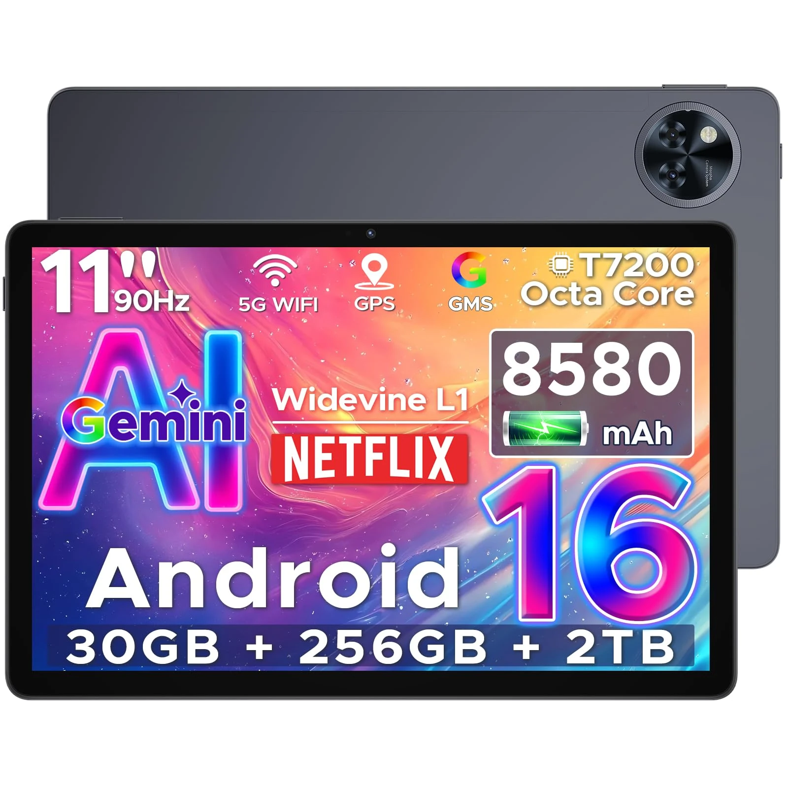 DOOGEE U11 Pro Newest Android 16 AI Tablet 2025, 11 Inch Android Tablets, 30GB RAM+256GB ROM/2TB, 90Hz Unisoc T7200 Octa Core, 8580mAh Battery, 3.5mm Jack, Widevine L1|Gemini AI|5G WiFi |Face ID- GRAY