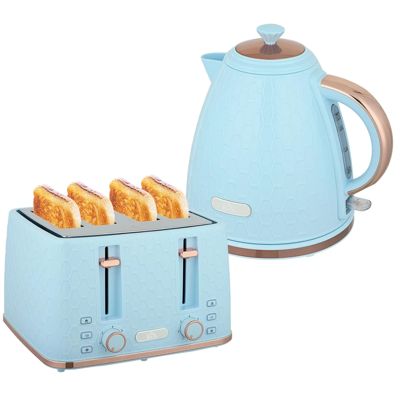 HOMCOM Kettle and Toaster Set, 1.7L 3000W Fast Boil Jug Kettle with Auto Shut Off, 4 Slice Toaster with 7 Level Browning Controls & Crumb Tray, UK Otter Thermostat, Light Blue