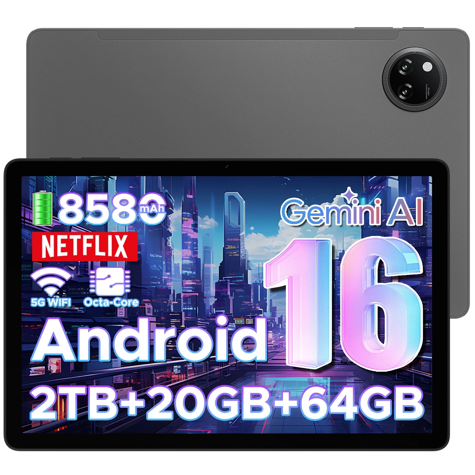 DOOGEE TAB A9+ Newest 2025 Android 16 Tablet, 11 Inch Tablet with Gemini AI, 8580mAh & T7200 Octa Core Android Tablets, 20GB+64GB/2TB LPDDR4X, 13MP+5MP, Widevine L1|Face ID|BT 5.0|5G WiFi|GPS|FM|OTG