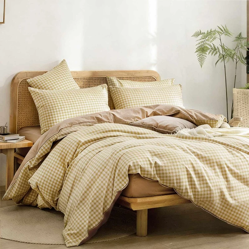 ETDIFFE Tan Grid Queen Size Comforter Set 3 Piece, 90x90 Inch