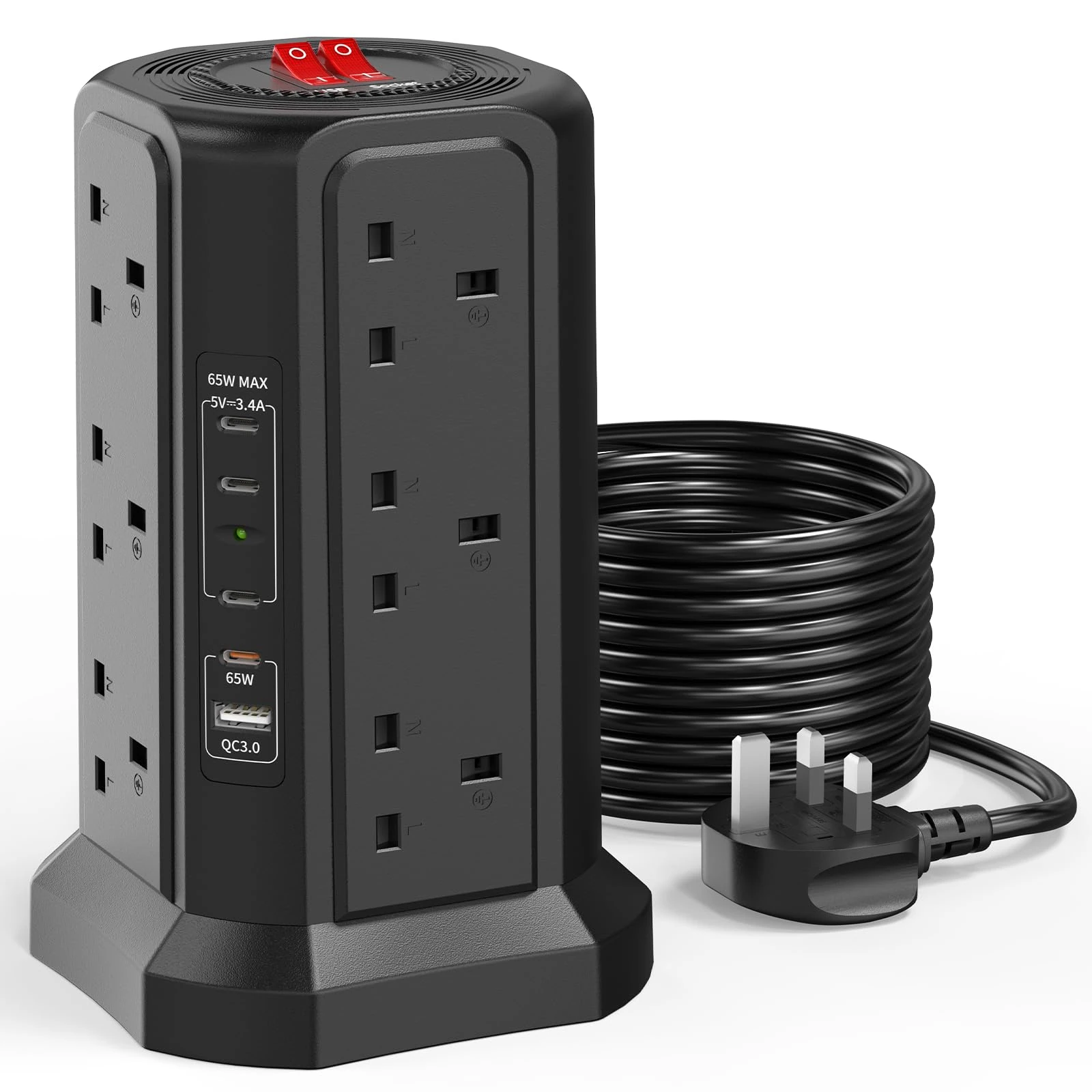 Tower Extension Lead with USB Slots and PD 65W USB C Fast Charger, 5 USB Ports (4C1A) and 12 Way Extension Tower, Extension Cable for Home, Office (Black, 3M)
