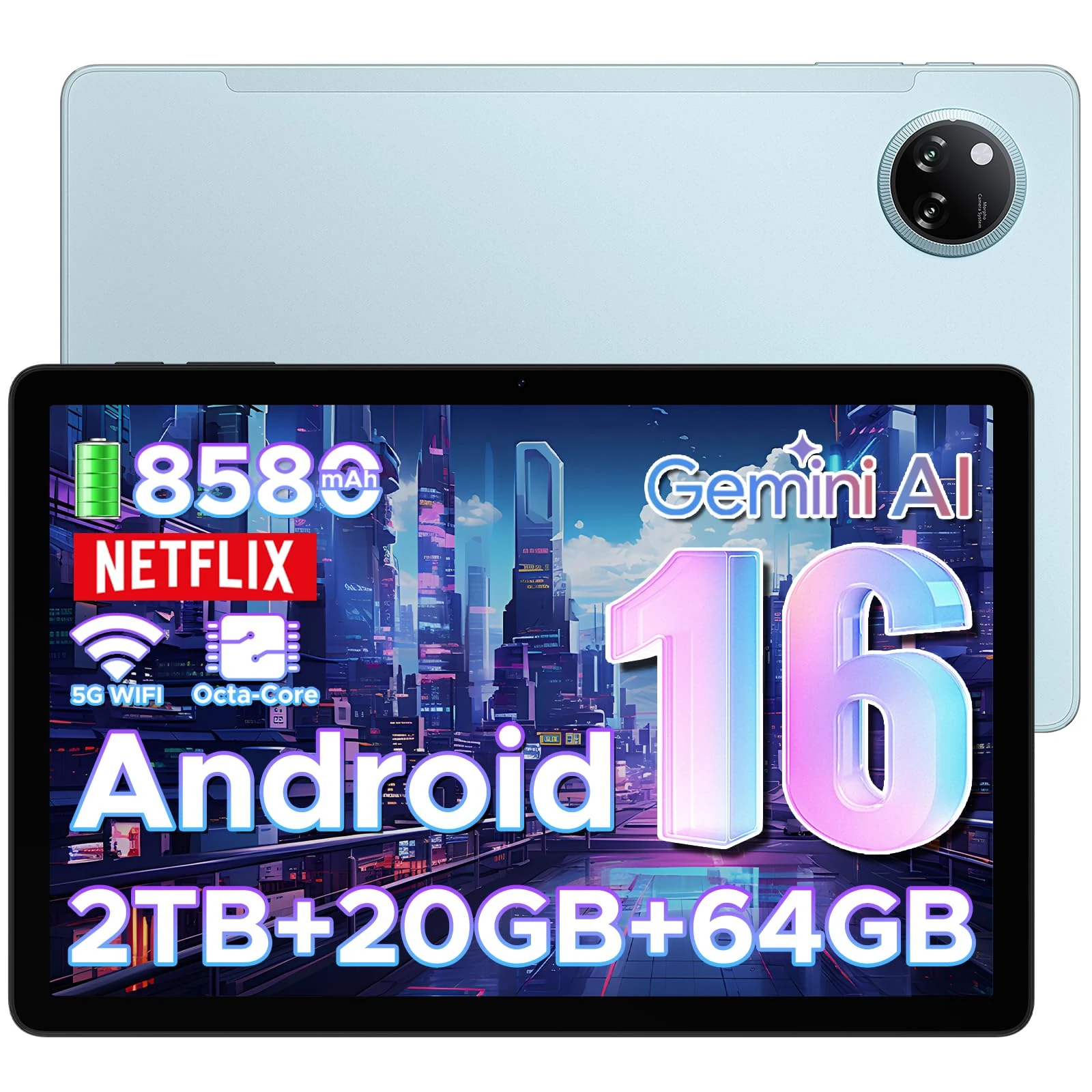 DOOGEE TAB A9+ Newest 2025 Android 16 Tablet, 11 Inch Tablet with Gemini AI, 8580mAh & T7200 Octa Core Android Tablets, 20GB+64GB/2TB LPDDR4X, 13MP+5MP, Widevine L1|Face ID|BT 5.0|5G WiFi|GPS|FM|OTG