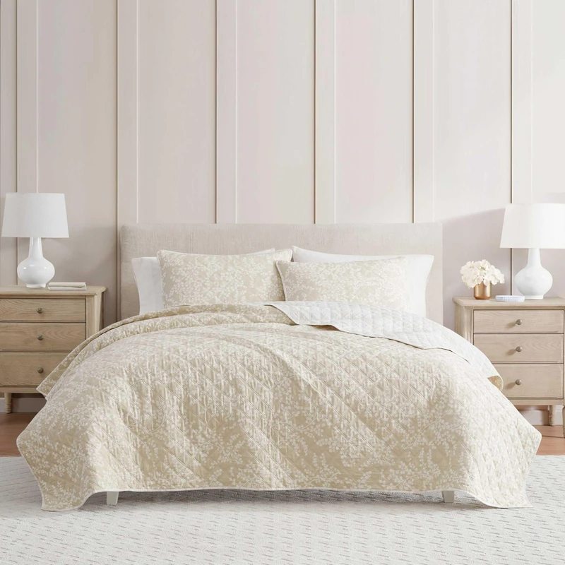 Martha Stewart Natural Cotton-Blend Quilted, Incredibly Soft w/Moisture-Wicking Fibers, Medium Weight Reversible Matching Pillowcases, 3 Piece Bed Set, Layered Branches Beige, King