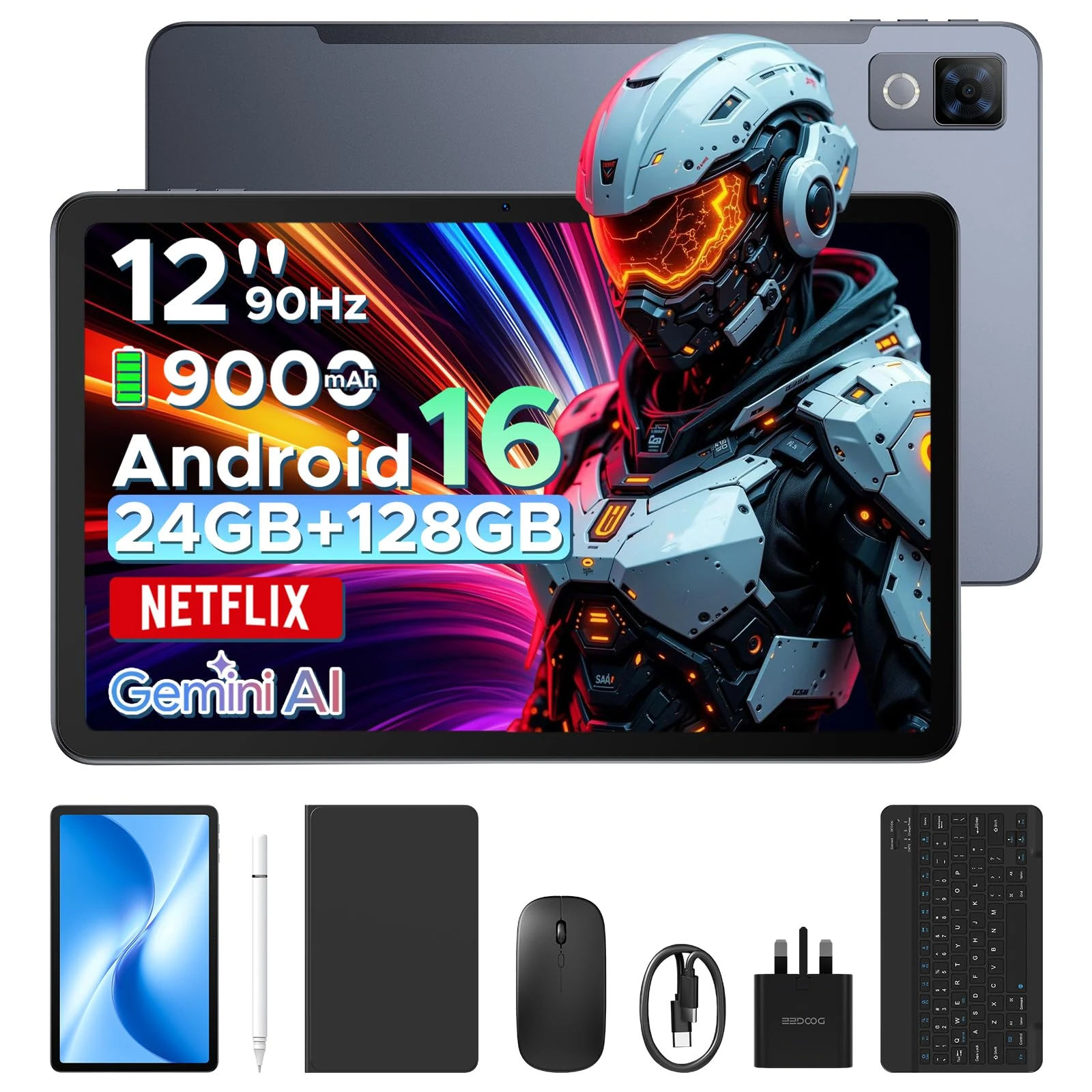 DOOGEE U12 Android 16 tablet, 12 inch FHD+(2000x1200) 90Hz Large Screen, 24GB+128GB/2TB, Gemini AI Octa Core Gaming Tablets, 9000mAh/18W, Widevine L1, 2.4G/5G WiFi, Tablet with Pen,Keyboard,Mouse&Case