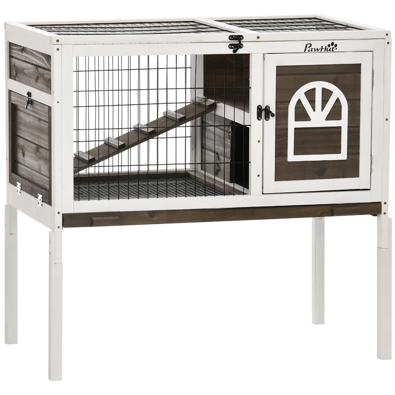 PawHut Indoor Rabbit Hutch with 1 Removable Tray, 2 Secure Doors, 1 Wooden Hutch Ramp for 1-2 Rabbits, 90 x 53 x 87 cm, Coffee