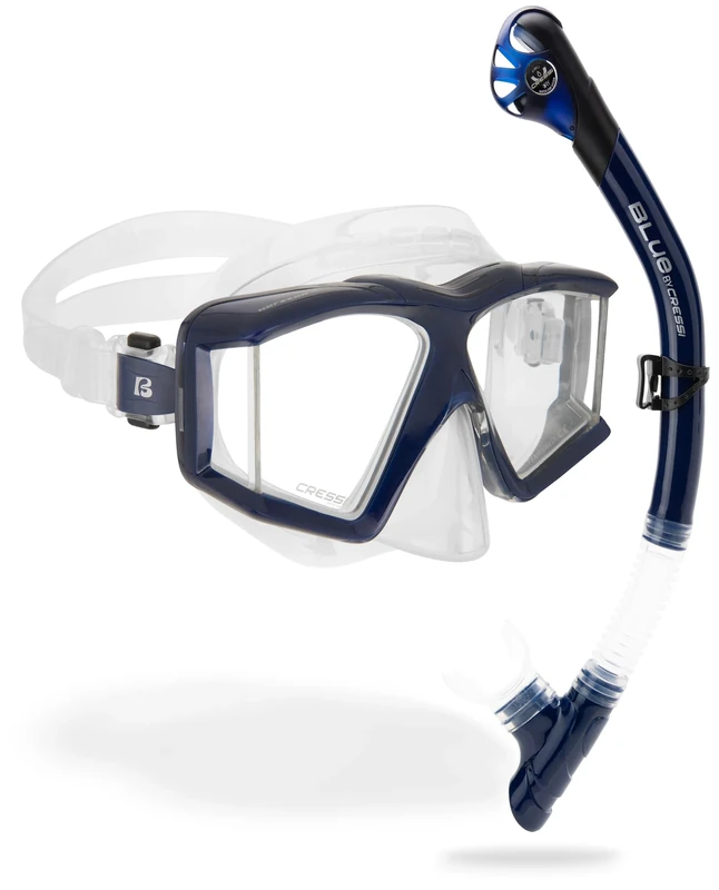 Cressi Horizion+Scilla Combo Clear/Blue Navy - Combo Set Horizon Mask 4 Separate Tempered Glasses and Scilla Top Dry Valve System Snorkel for Diving and Snorkelling