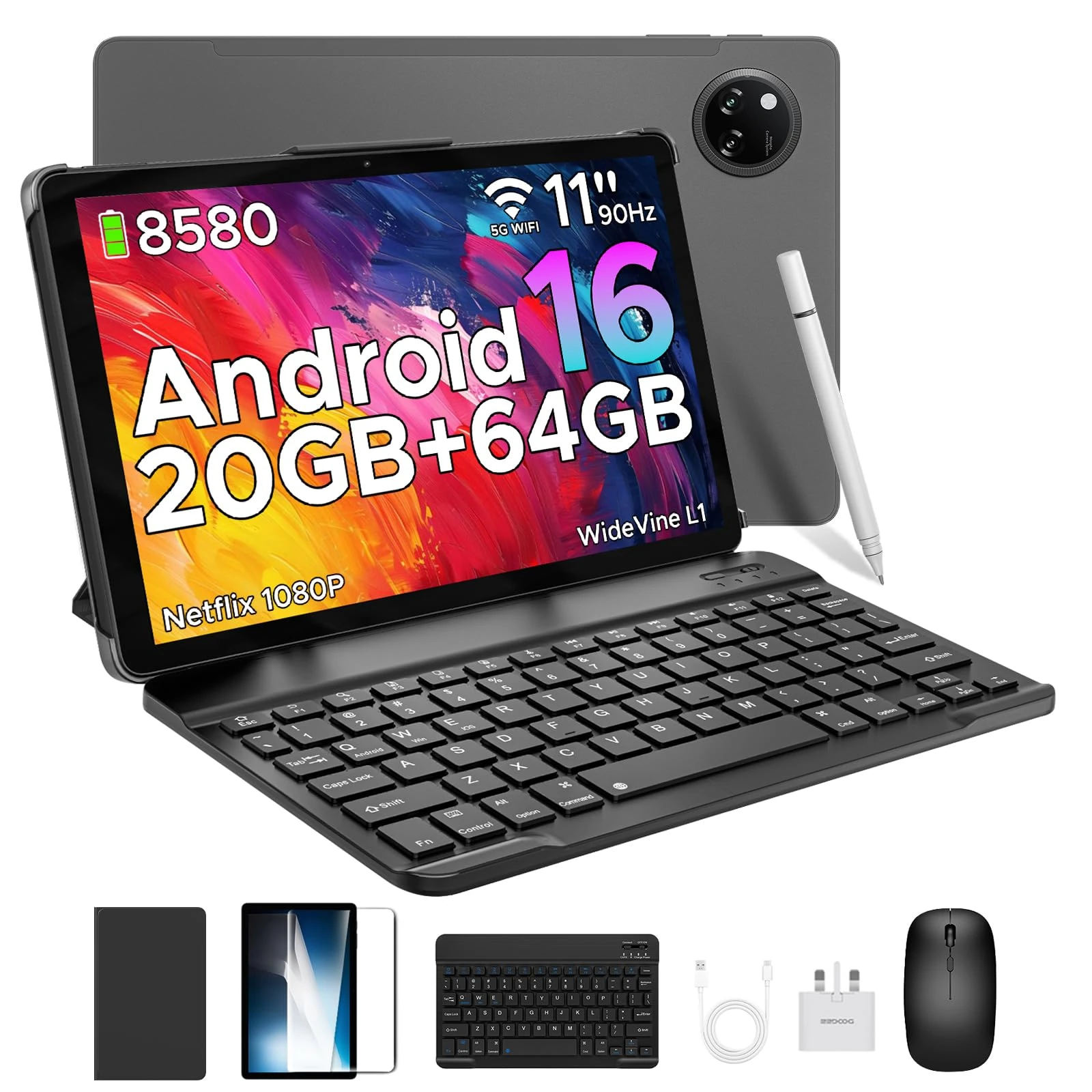 DOOGEE TAB A9+ 2025 Newest Android 16 Tablet with Gemini AI, 11 Inch 8580mAh Tablet With Keyboard, T7200 Octa Core Android Tablets, 20GB+64GB / 2TB Tablets With Pen, 13+5MP, 2 Speakers, Mouse & Case