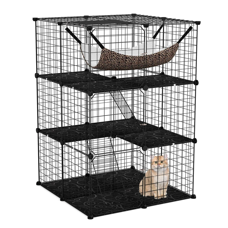 FANTASK Metal Wire Cage 3-Tier Large Cat Cage with Roof Window, Hammock, 2 Ladders & 3 Doors, Removable Kennel, Cat Enclosure for Cats Small Animals Indoor, 74 x 74 x 107 cm (Black)