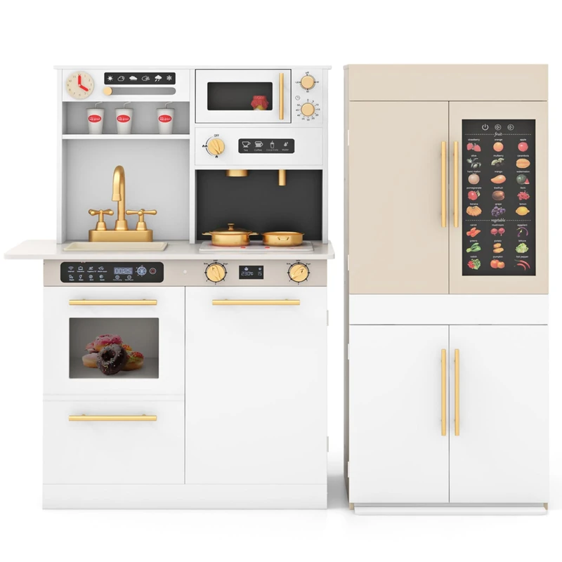 GYMAX Large Play Kitchen, Modular Toy Kitchen with Refrigerator, Coffee Machine, Microwave, Stove, Talking Wall Chart, Lights & Sounds, Kids Cooking Role Playset for 3+ Years Old